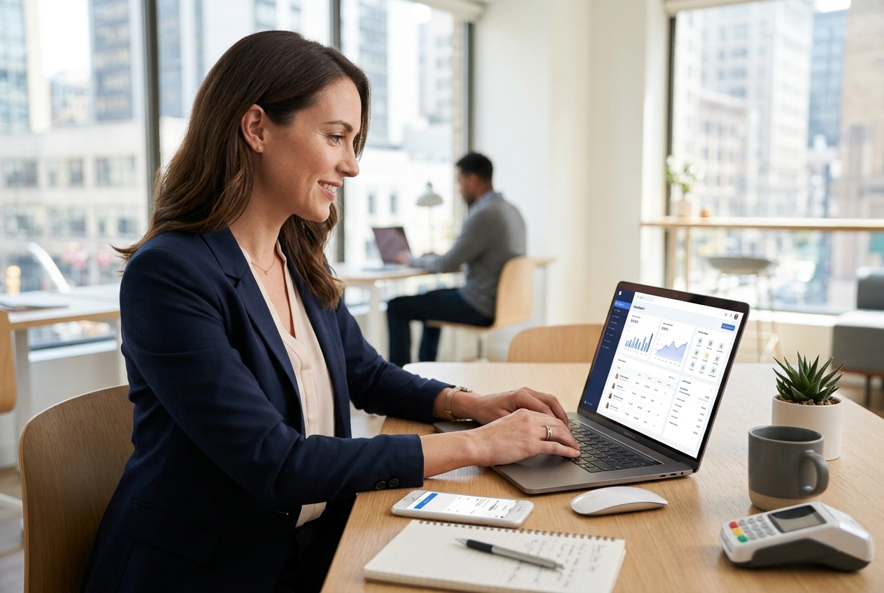 PowerOffice Go regnskapssystem vist på laptop og mobilskjerm