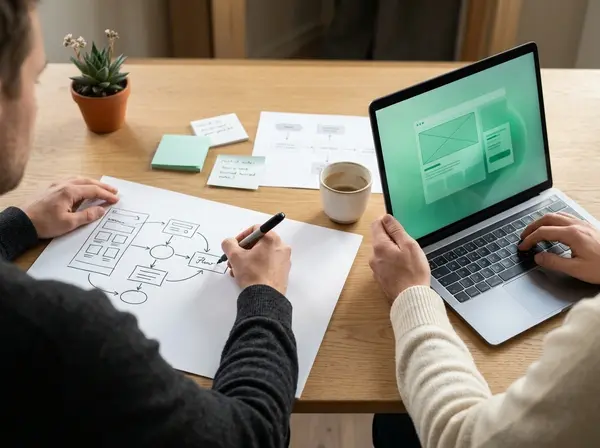 AI-prototype workspace med flowchart-skisse og dataflyt